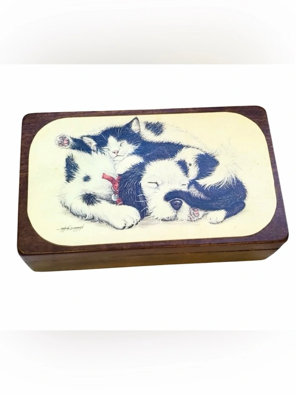 Vintage Handmade Wooden 2- Compartment Trinket/Jewelry Box  w/ Cuddly Fur-Babies